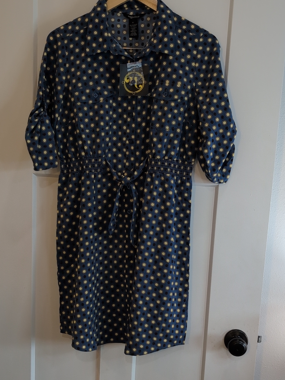 Tie-Waist Shirt Dress - Blue With Yellow Medallions